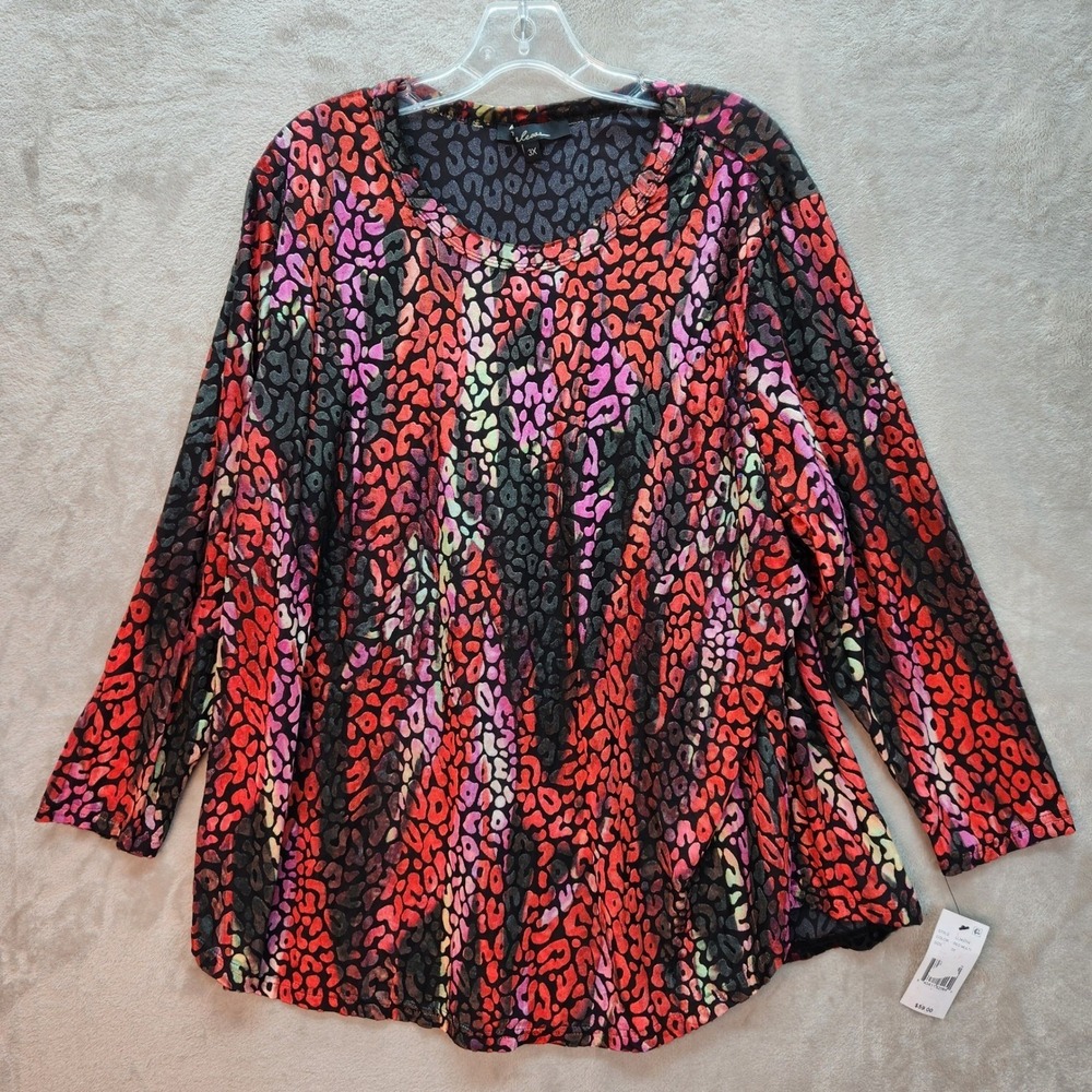 Calessa Tunic Womens 3X Red Animal Burnout Velvet Long Sleeve Top Artsy Boho New